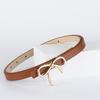 Women Belt Solid Color Metal Bowknot Decorated Imitation Leather Strap Belt Adjustable Holes Slim Waistband