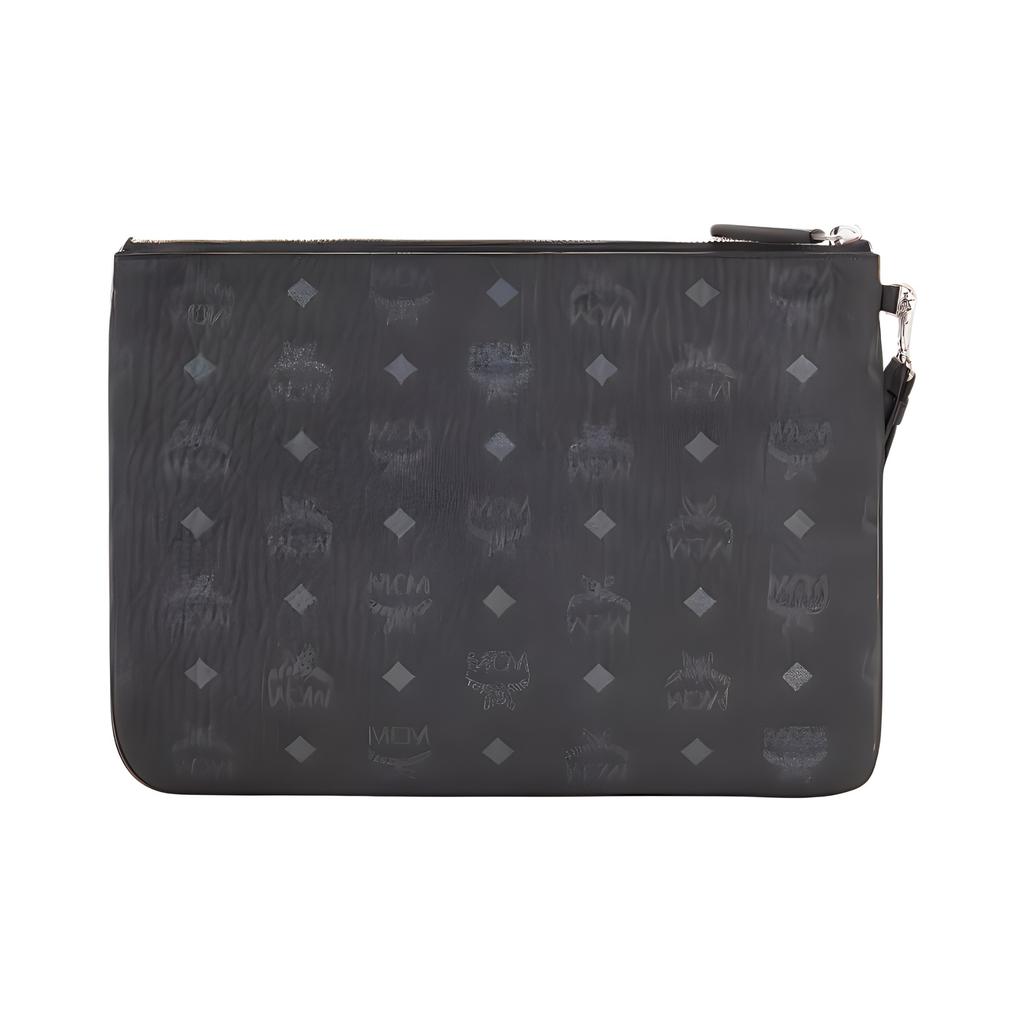 MCM Pochette Nera con Monogramma Visetos con Cinturino da Polso e Targhetta Argentata per Uso Quotidiano e Serale