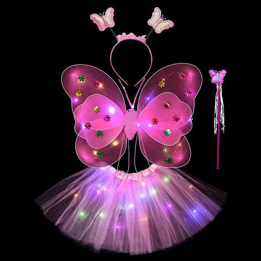 LED Children Costume Props Girls Skirts Angel Luminous Wings Flashing Butterfly Skirt Lights Suit 2-8year Easter Valentines Day