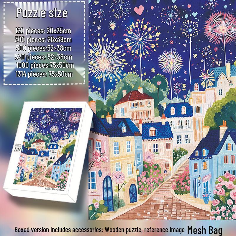 Firework Town 1000-Piece Wooden Jigsaw Puzzle - Fun Stress Relief Gift for Friends