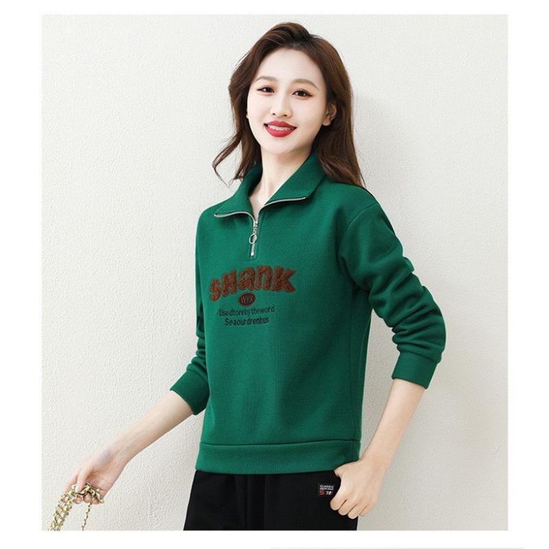 Lapel Zipper Letter Autumn and Winter Velvet Thickened Sweatshirt Fashionable Casual Top