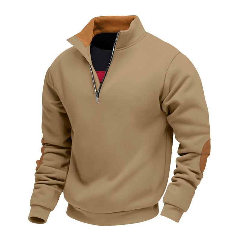 Men's Fleece-Lined Zip-Up Stand Collar Patchwork Contrast Colour Henley Long-Sleeved Casual Sweatshirt for Autumn/Winter