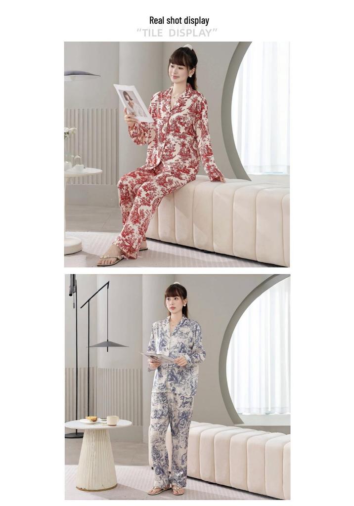 Women's Ink Wash Pajama Cardigan Set - Thin, Comfortable, Long Sleeve for Home or Casual Outside Wear in Spring and Autumn.