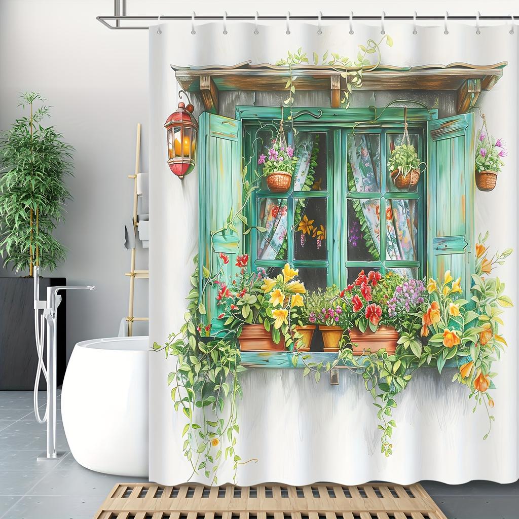 Shower Curtain: Charming Window with Blooming Flowers and Lantern for a Cozy and Inviting Bathroom Decor