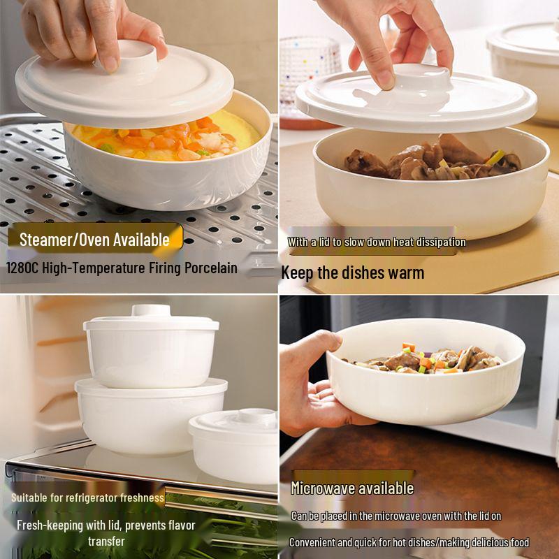 Bone China White Ceramic Steamer Basket with Lid: Deep Steaming Plate for Rice and Dishes