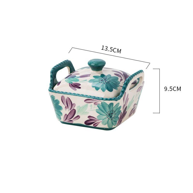 Ceramic Covered Bowl Hand-painted Candy Snack Storage with Lid Bead Point Baking Bowl Rice Bowl