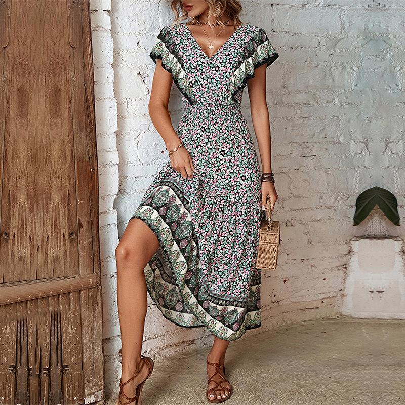 

2025 новый ретро этнический стиль комбинезон с принтом и V-образным вырезом с краем в виде лепестков лотоса S чёрный