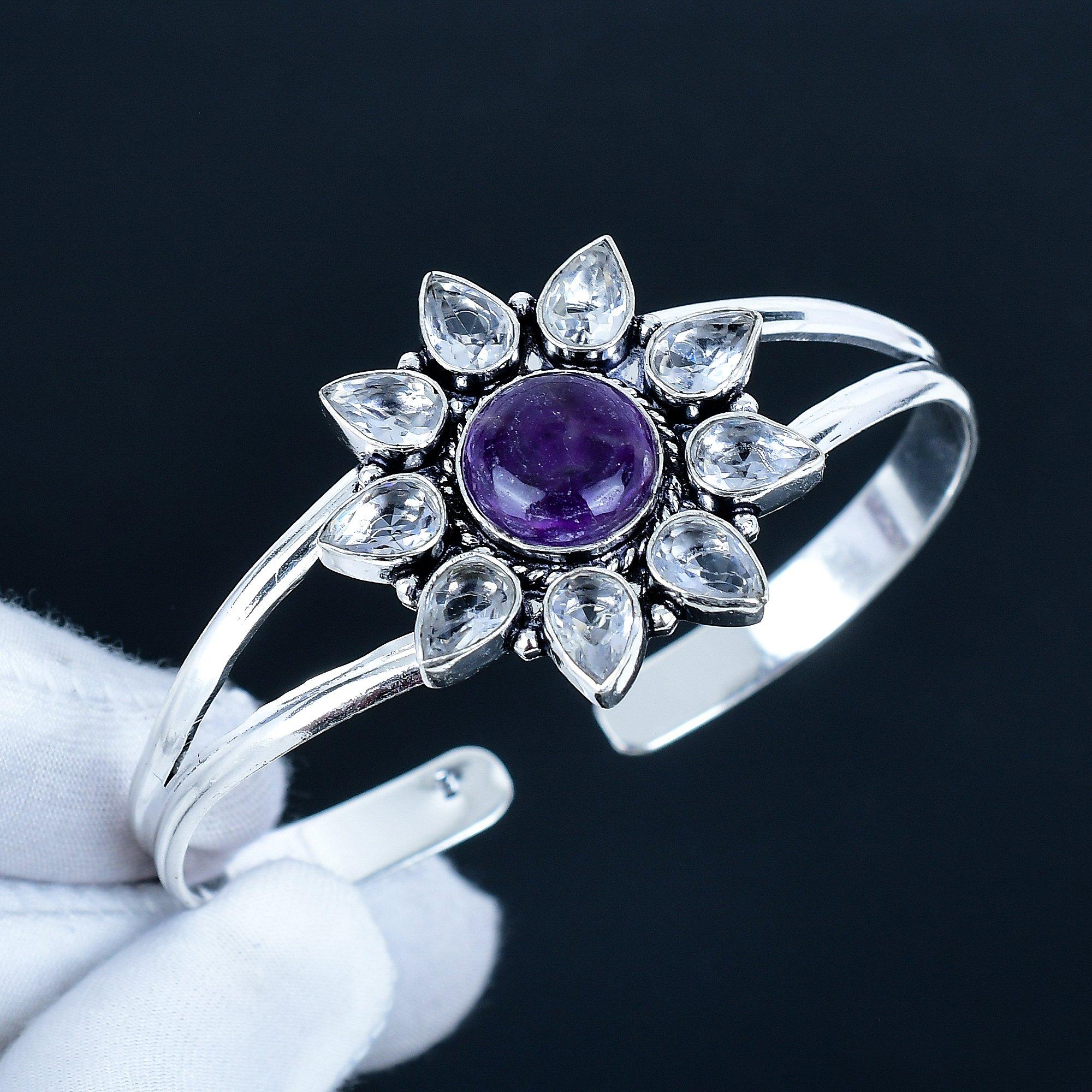 

Натуральный Аметист Драгоценный Камень Ручной Работы Манжета Браслет 925 Стерлинговое Серебро Манжета Браслет, Белый Топаз Форма Цветка Браслет Для Жены, Унисекс Браслет 7 фиолетовый