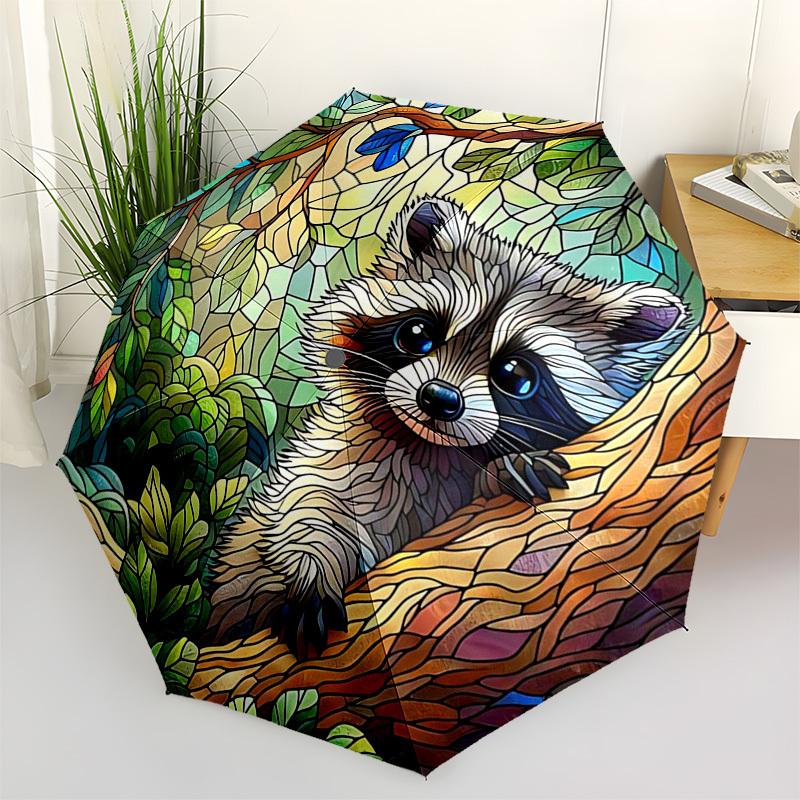 1pc Stained Glass Raccoon Design Automatic Folding Umbrella - Portable 3-Fold Design with Iron Frame - Outdoor for Fans, Travelers, Daily Use - Perfec