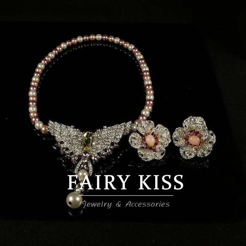 Earring Set Colored Imitation Pearl Chain Densely Studded with Diamond Wings Necklace Brooch Dual-purpose Exquisite Flower Earrings
