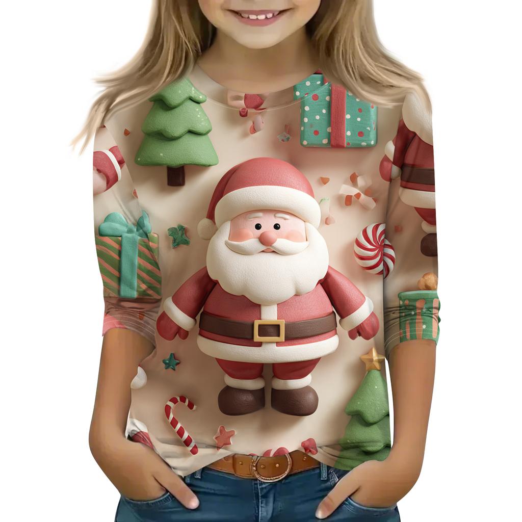 Children's 3/4 Sleeve Round Neck Top Christmas Tree Printed Everyday Casual Top