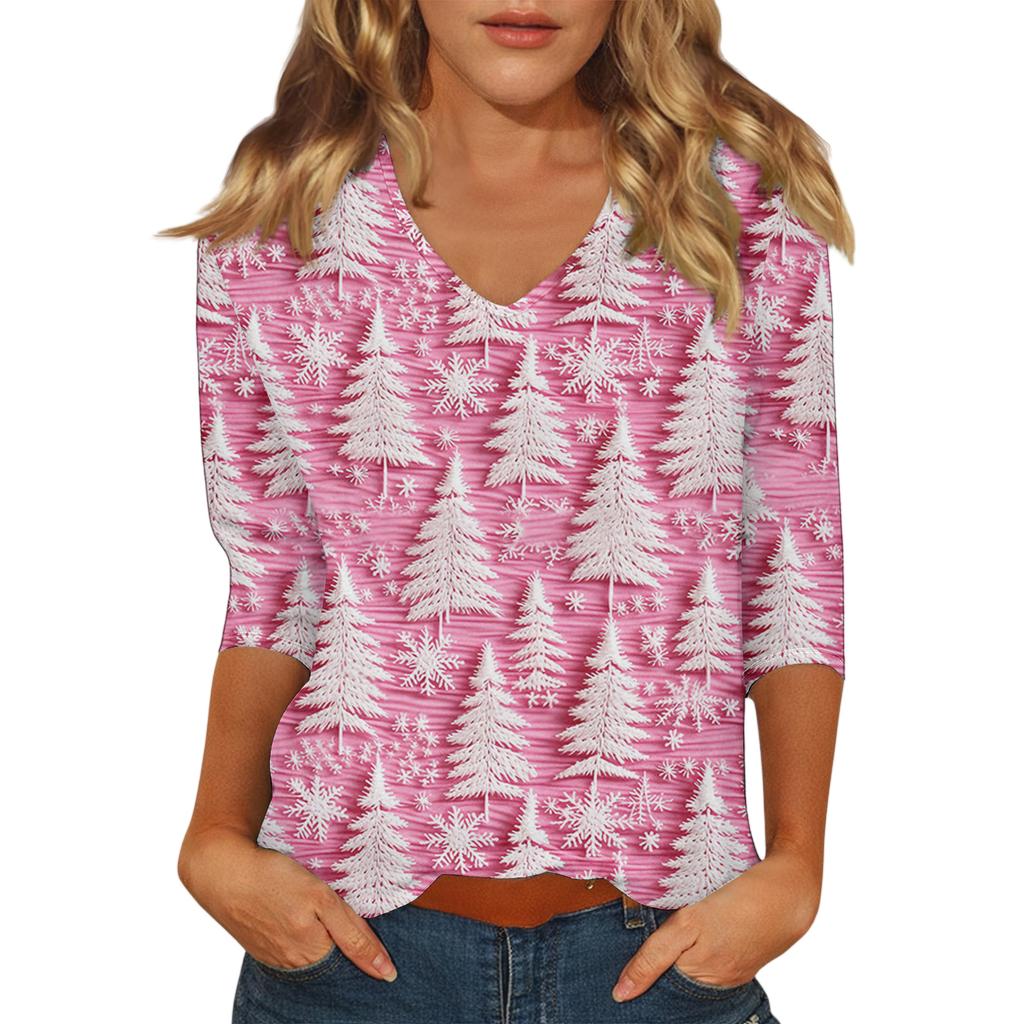 Women's Casual Fashionable Sexy Comfortable V-Neck Christmas Three-Quarter Sleeve Top