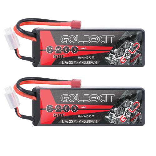 

GOLDBAT 6200mAh 2S 50C 7.4V LiPo Battery, Pack of 2, for RC Cars, Helicopters, and Racing Cars, Hard Shell with Deans Plug