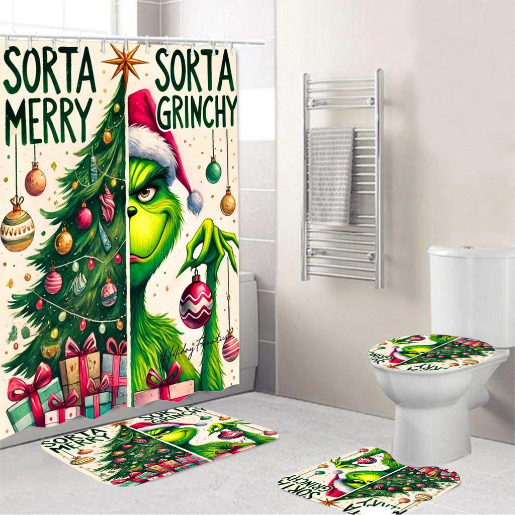 Temu Bathroom Three-Piece Set, Green-Haired Grinch Pattern Bathroom Non-Slip Mat, U-Pad And Shower Curtain Set