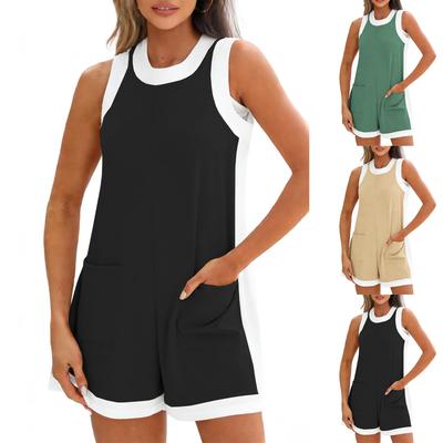 Kort Cropped Ärmlös Lös Passform Romper Fickor Casual Jumpsuit för Kvinnor