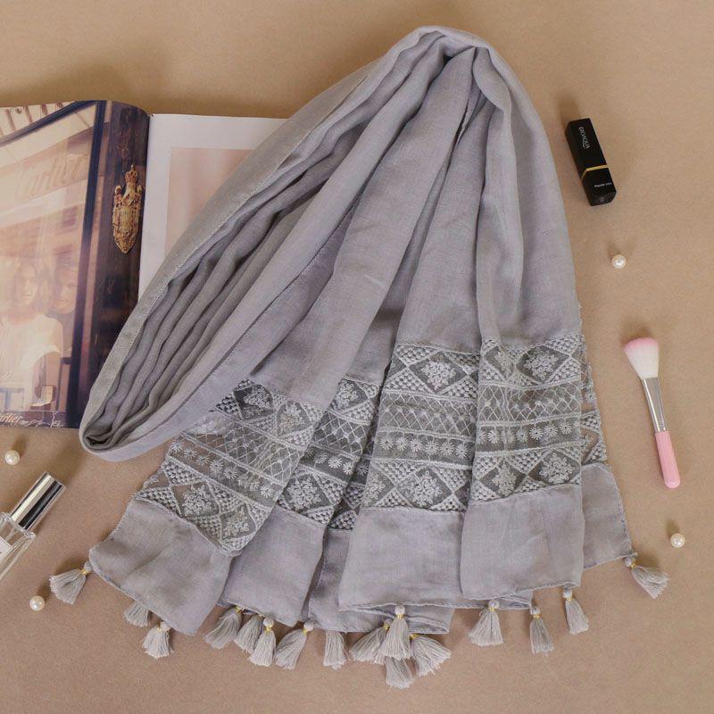 Women Fashion Plain Lace Floral Patchwork Viscose Shawl Scarf Luxury Brand Laser Cut Long Size Bufandas Muslim Hijab Wrap Snood