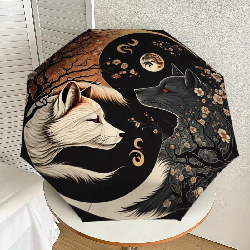 1pc Yin-Yang Wolves Blossoms Moon Umbrella with Plastic Handle,Suitable for All Seasons Home Travel Outdoor UmbrellaDD972