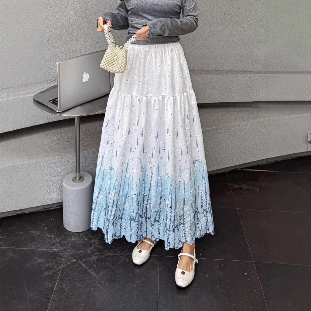 Qooth Embroidered A-Line Maxi Skirt French Romantic Floral Print QT2852