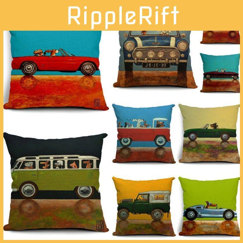Vintage Car Dog Print Pillow Case In Beautiful Cotton Linen For Stylish Home Decor
