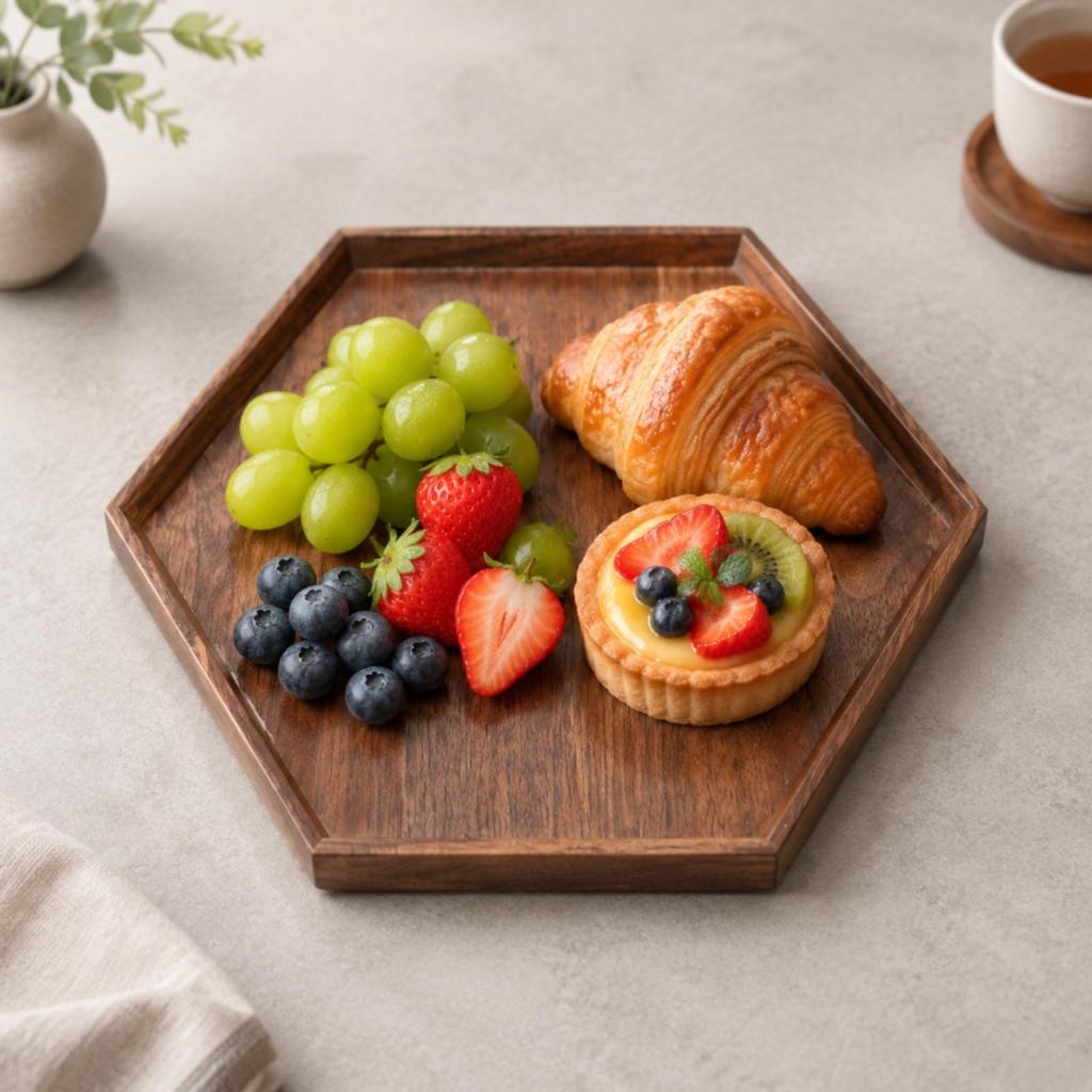 Black Walnut Serving Tray Elegant Hexagonal Wooden Space-Saving for