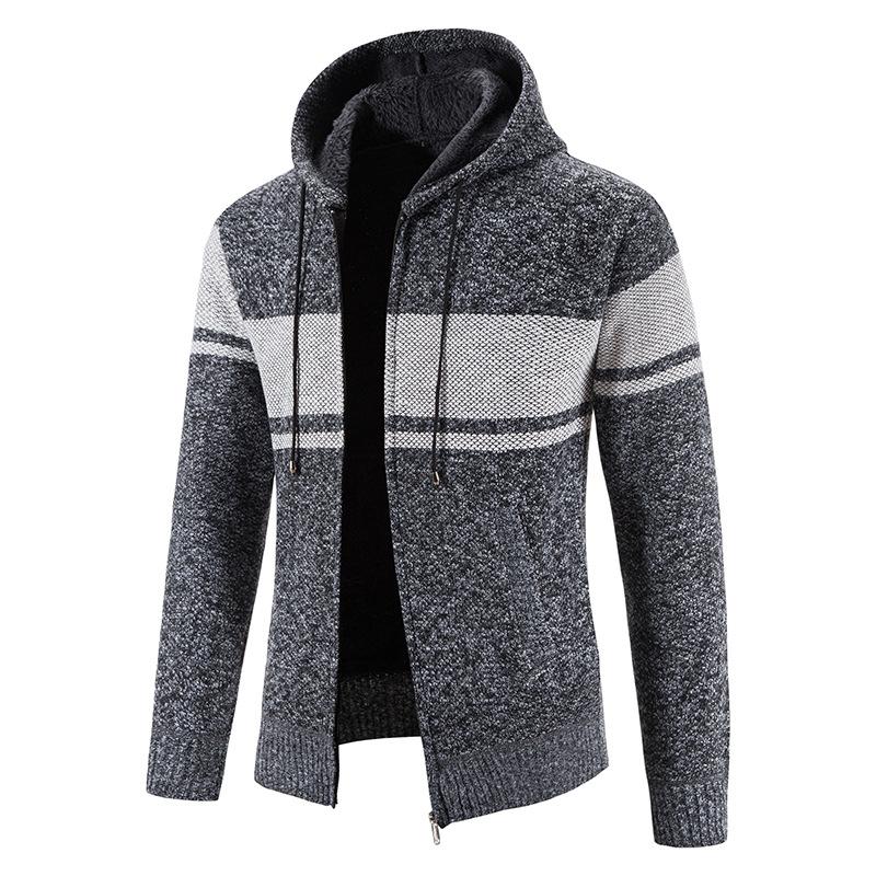 Men's Hooded Sweater Cardigan Plus Velvet Autumn and Winter Men's Knitted Sweater Color-blocking Youth Coat