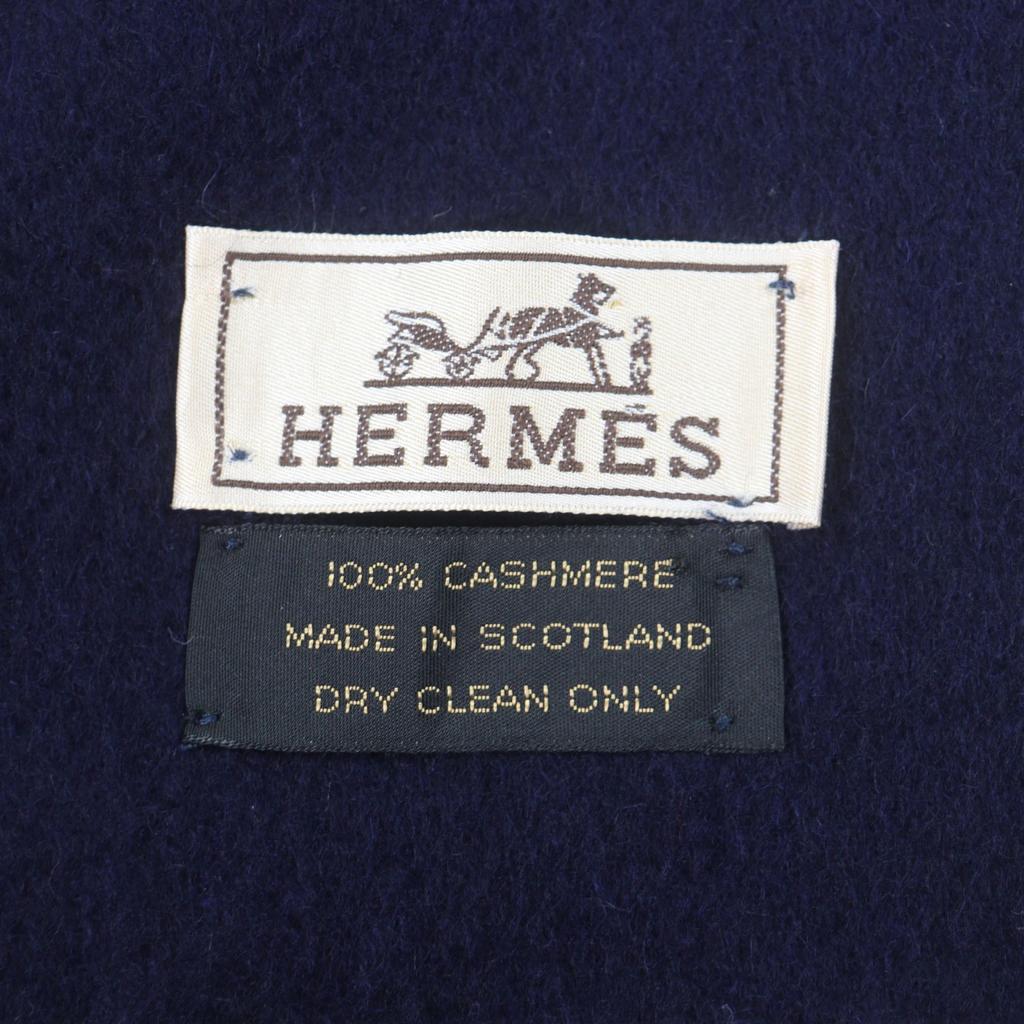 Excellent HERMES Scarf Embroidered logo with fringe Navy cashmere mens Used