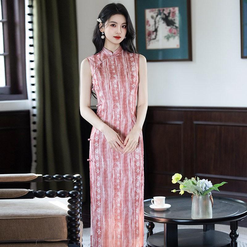 Long Sleeveless Cheongsam Dress In Red Stripe Velvet Modern Chinese Style Women 2026 Small