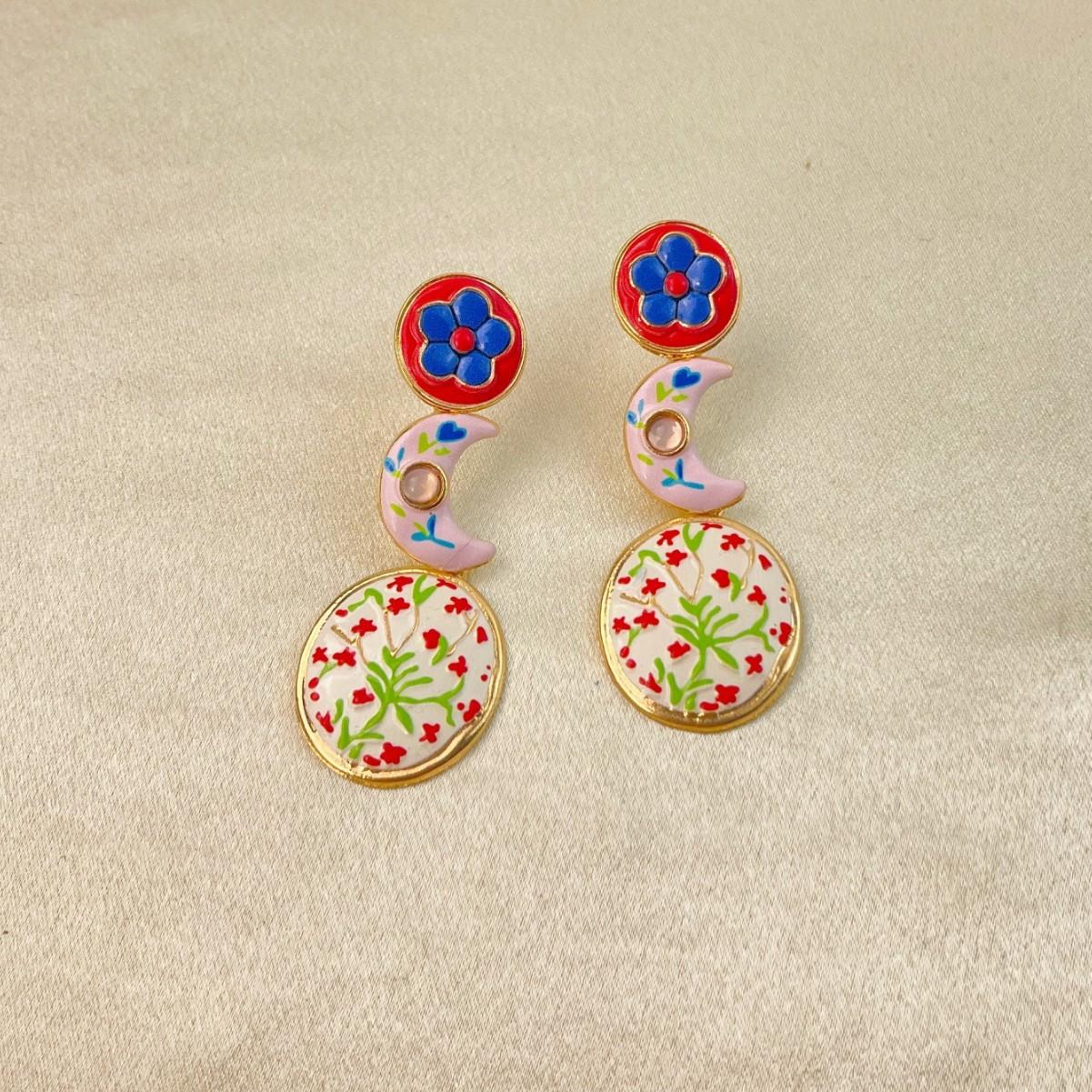 Exaggerated Colorful Heart Moon Asymmetric Dangle Earrings for Women Y2k Design Moon Geometric Enamel Drop Earrings Jewelry
