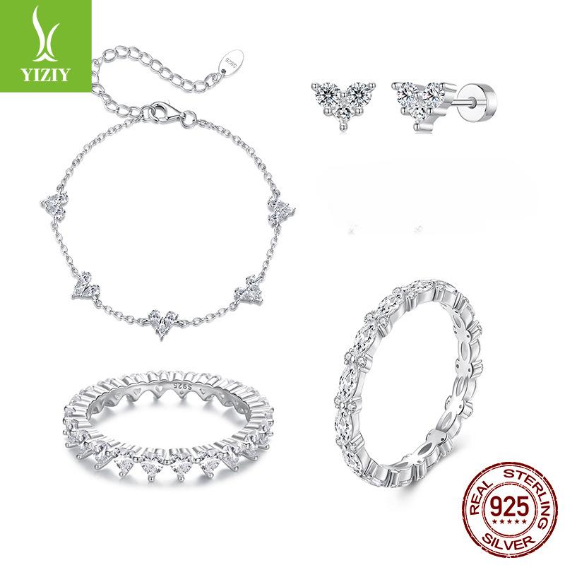 Shining Love Zircon Stud Earrings, Jewelry Set, Exquisite And High-End S925 Sterling Silver Bracelet.