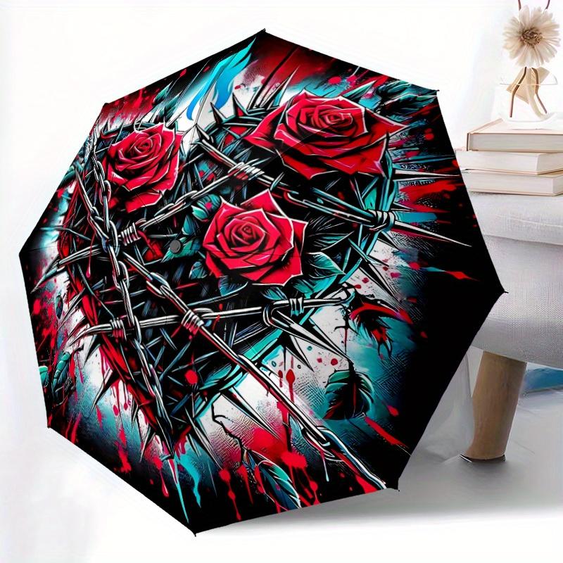 1pc Barbed Wire Roses Automatic Opening/closing umbrella, Reinforced 8-Rib Construction, Compact Travel Umbrella yy250808149