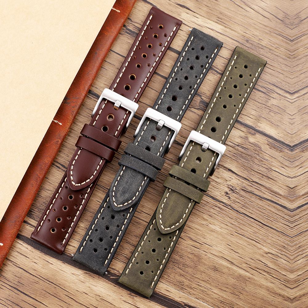 Vintage Leather Watch Strap 20mm 22mm Porous Breathable Watchband Handmade Stitching Replacement Wrist Bracelet Belt Accessories