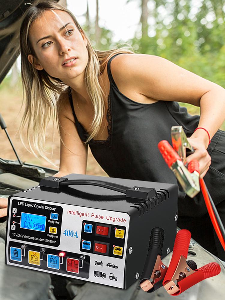 400A Heavy Duty Smart Battery Charger LCD Display Car Battery Charger 12/24V Intelligent Pulse Repair Charger High Power