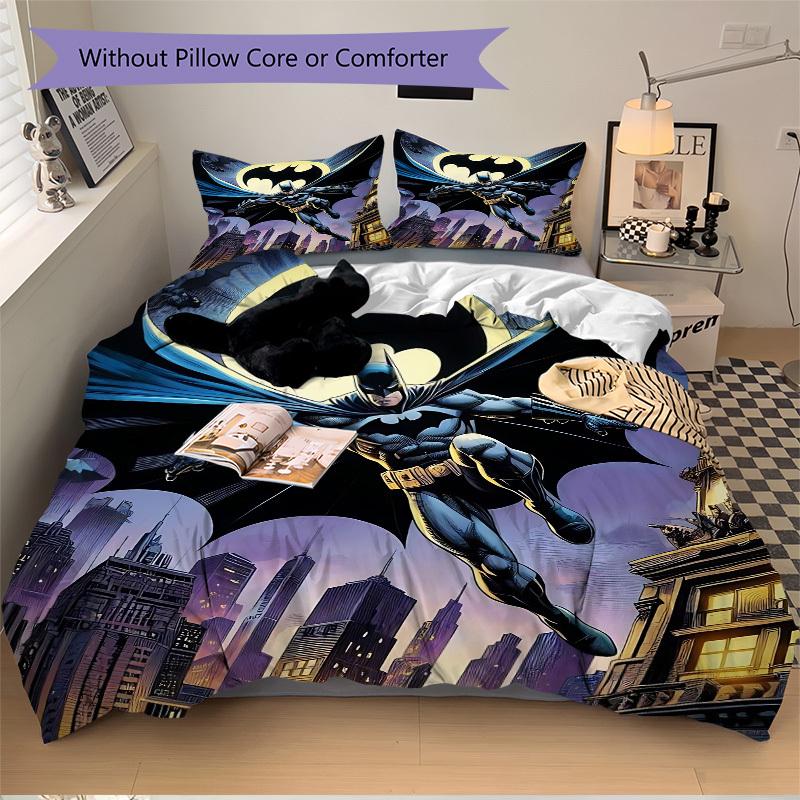 3pcs Batman Gotham Bedding Set, Soft Polyester Duvet Cover and Pillowcases Machine Washable Seasons All Suitable 92
