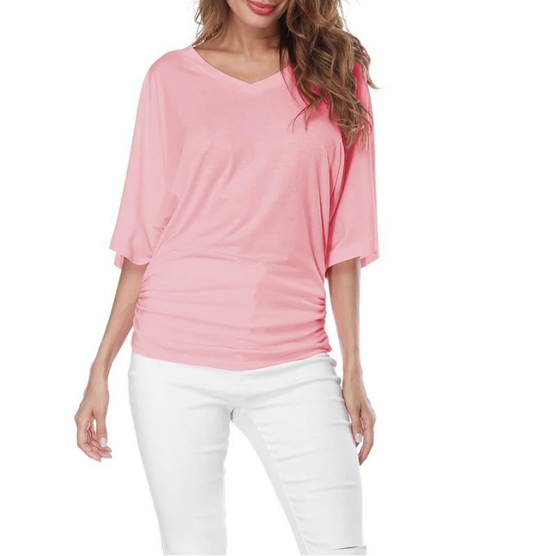 Sommer Neue Mode Damen Locker Fledermaus Kurzarm V-Ausschnitt T-Shirt Tops