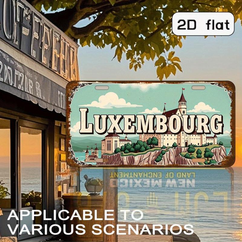 Hisun Tin Sign HD Aluminum Metal Sign Luxembourg Vintage License Plate Style Wall Decor Retro Castle Landscape Distressed Design Tin Poster f