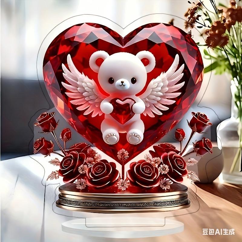 2D Flat Charming Crystal Bear Heart Pendant Acrylic Desk Decor Plaque, Suitable for Wall Decoration, Porch, Room, Villa, Accents Home, Hallway, or Wor