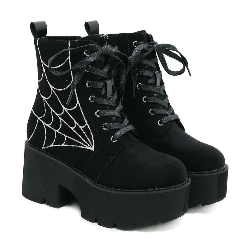 2023 Winter Women European Style Ankle Boots, Front Lace‑Up Embroidery Decor Side Zipper Platform Thick‑Sole Fashion Ladies Boots