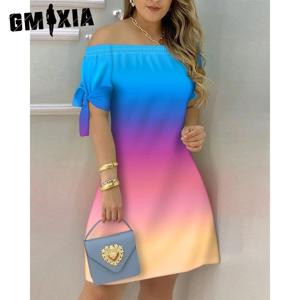 GMXIA Women Fashion Off Shoulder Dress Short Sleeve Bow Tie Print Dresses Summer Beach Dresses Plus Size