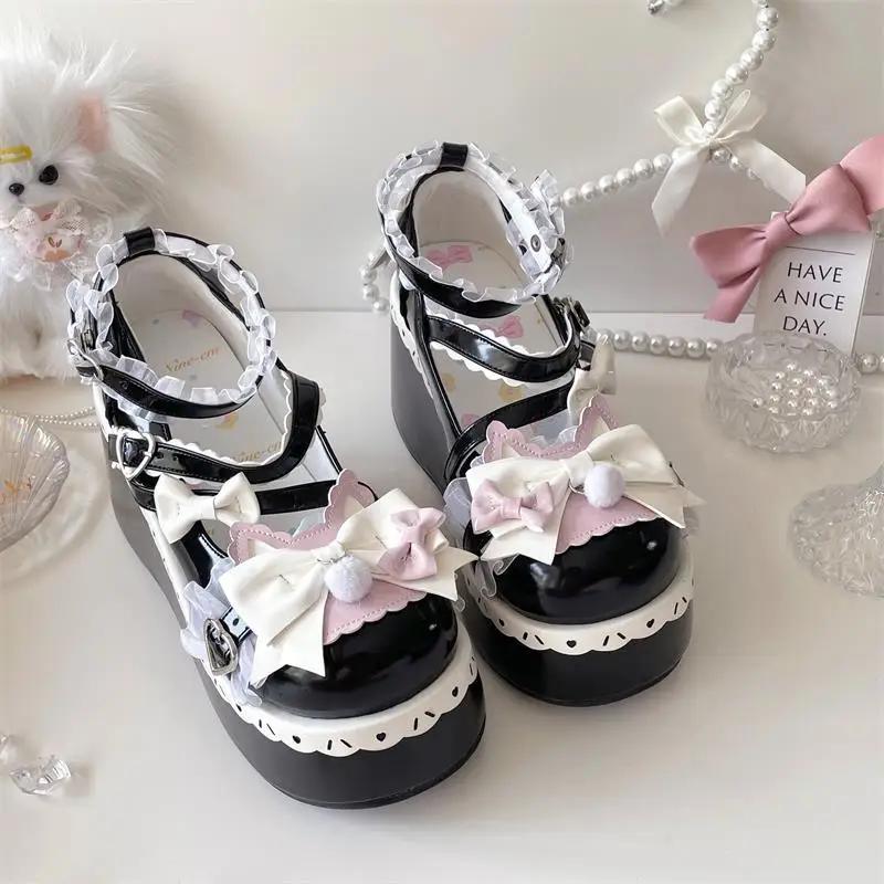 Fashion Lovely Girls Lolita Sweet Bowknots Platform Shoes Kawaii Alice Lace Flat Elevator Shoes Mary Janes