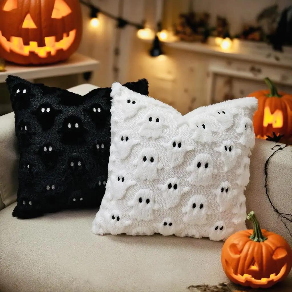 PV Plush Halloween Pillowcase Three-Dimensional Cartoon Embroidered Black and White Festival Decorative Pillow Cushion Cover