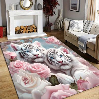 1 Pezzo Tappetino da Pavimento Motivo Rosa Tigre Bianca Tappeto Moderno da Cucina in Poliestere Antiscivolo Colorato per Interni, per Decorazione Casa Bagno Camera da Letto Soggiorno
