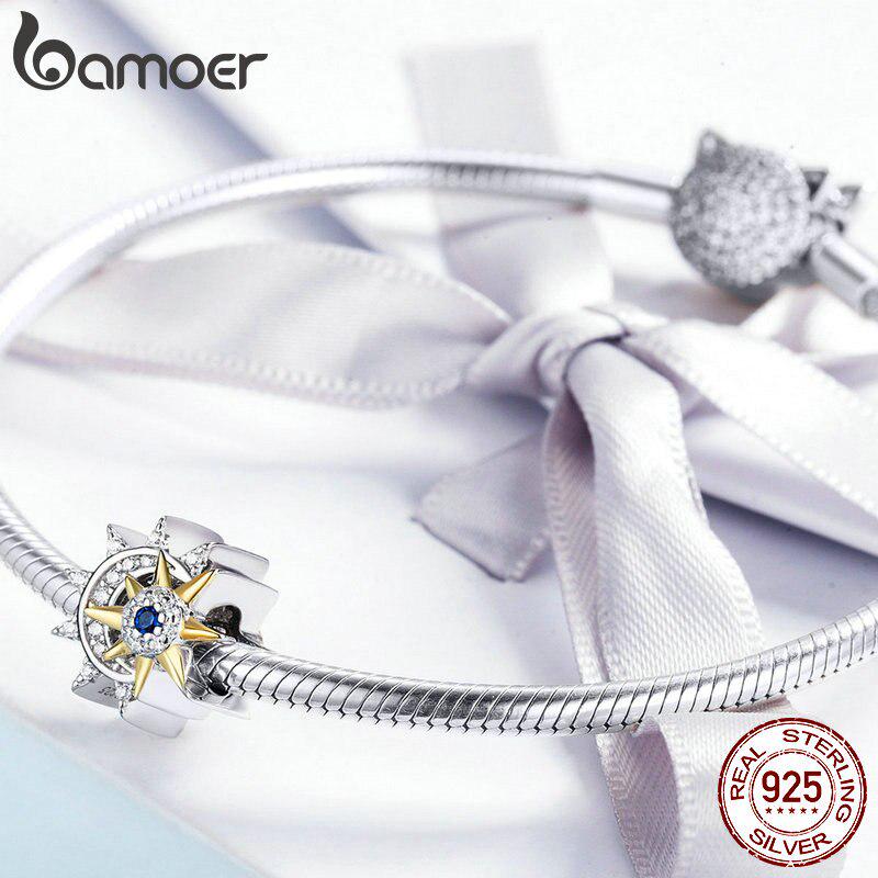 BAMOER Eredeti 925 Sterling Silver Sun Meet Moon Luminous CZ Beads Charms női karkötőkhöz