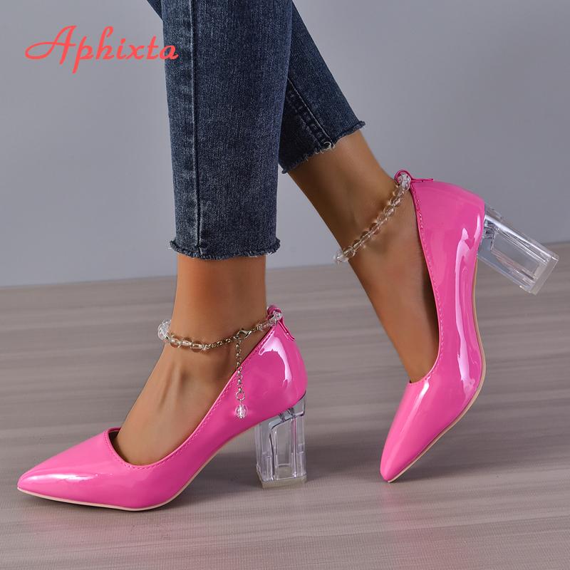 

Fashion Aphixta New Luxury Crystals Bow Transparent Bead Chain 7cm Transparent Chunky Heels Pumps Women Shoes String Bead Belt Chain 40