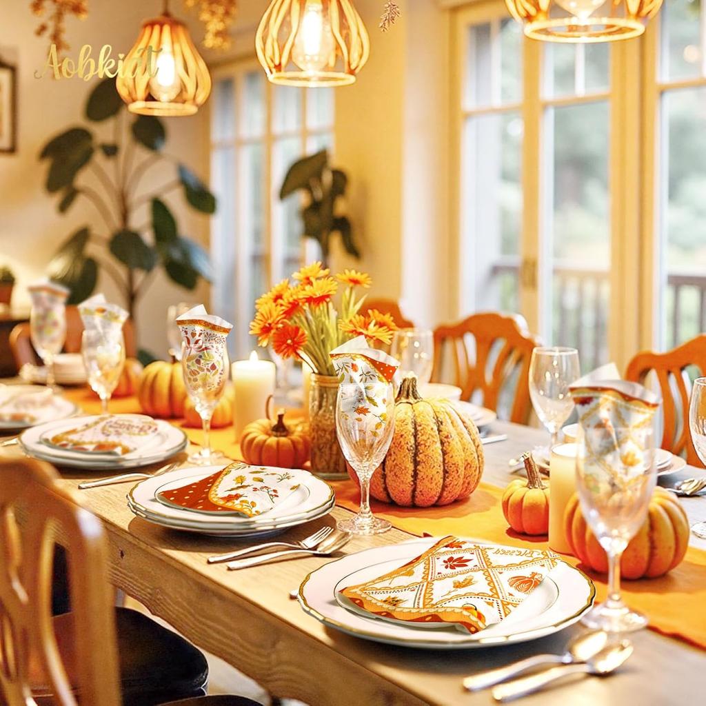 AOBKIAT Fall Thanksgiving Napk,24PCS Orange Pumpkin Maple Leaf Styles Guest Disposable Napk,for Autumn Harvest Holiday Dinner Party Supplies