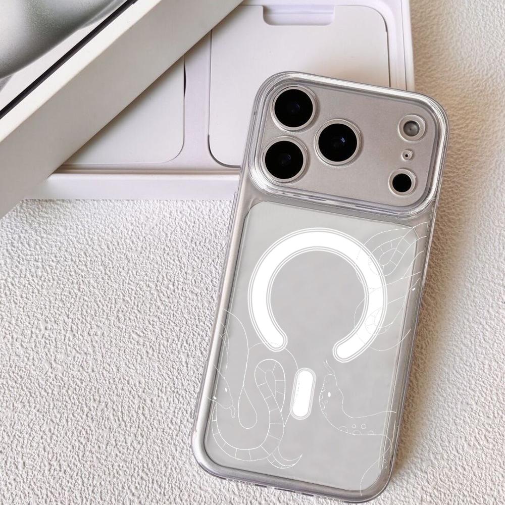 

Художественный черный чехол-змея для iPhone 17 16 15 14 13 12 Pro Max Plus с магнитным кристально чистым чехлом Беспроводная зарядка iPhone17 Pro