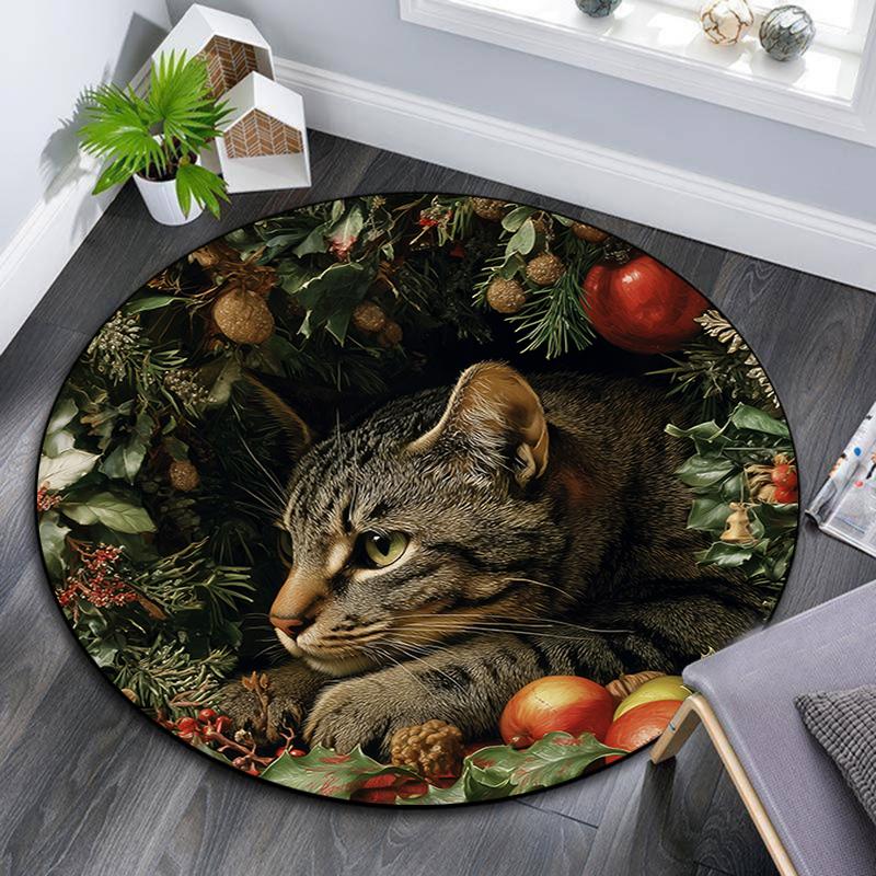 Christmas cat pattern round rug,Carpet Rug for Living Room Bedroom Playroom ,Non-slip Floor Mat,Holiday Gifts and Birthday Gifts.