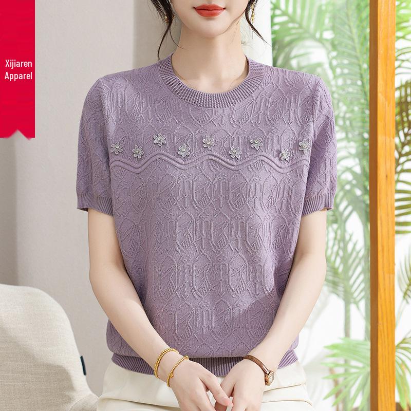 Stylish Round Neck Jacquard Ice Silk Knit Top for Mothers - Short Sleeve Summer Wear for Middle-aged and Elderly
