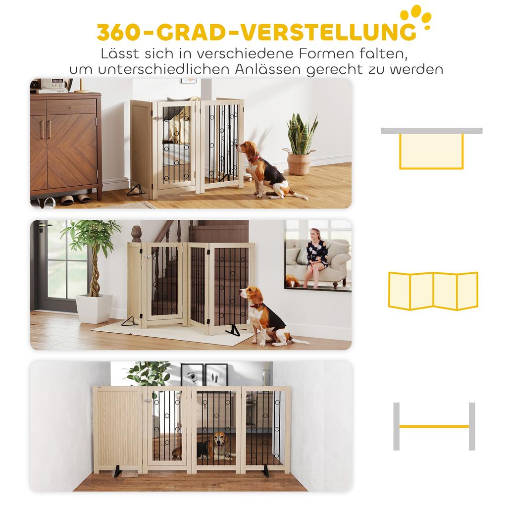 4 Panel Freestanding Pet Gate, Indoor Dog Barrier with Lockable Door, Support Feet, 360 Degrees Flexible Hinges, Oak