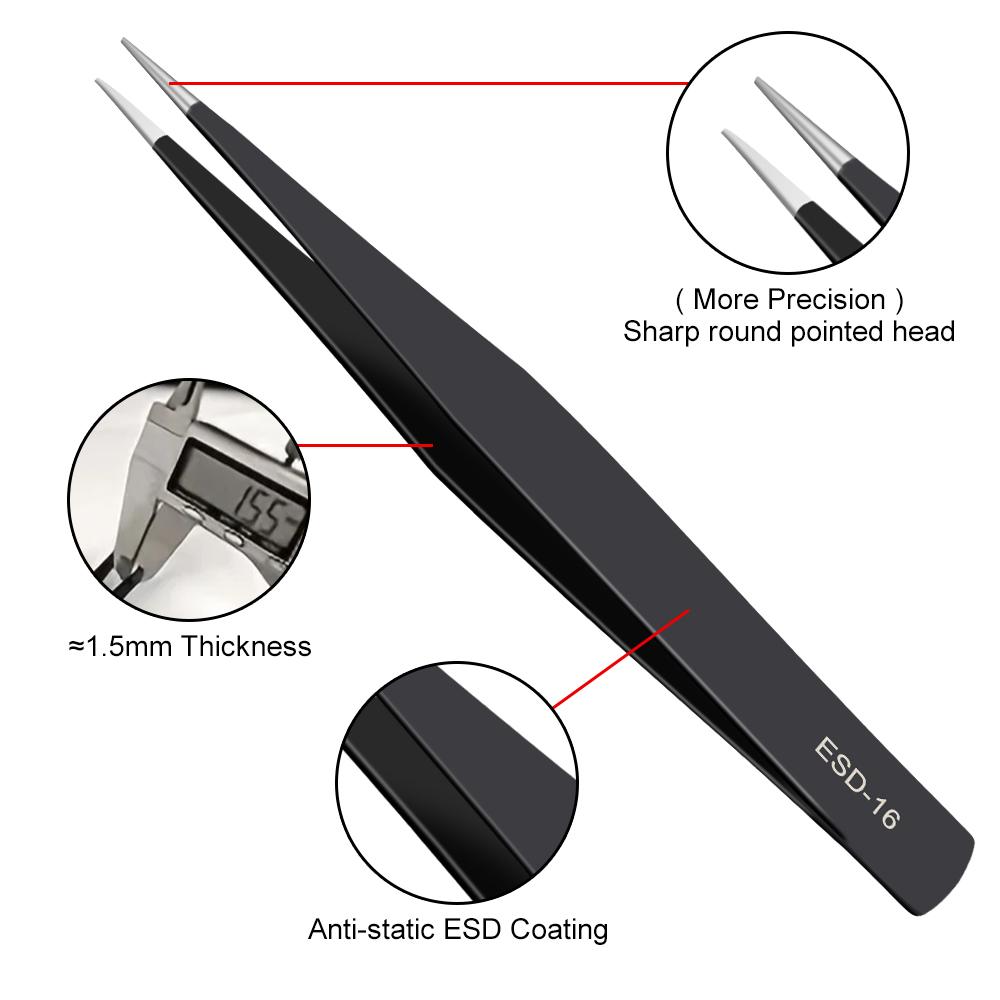 ESD Tweezers 10Pcs/Set Industrial Repair Tools Precision Anti-Static Electronics Soldering Craft Curved Straight Tweezers Stainless Steel