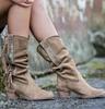 Bohemian Mid-calf Boots Women New 2026 Winter Ethnic Rivet Tassel Boots Woman Faux Suede Pointed Thick Heel Shoe Booties Female